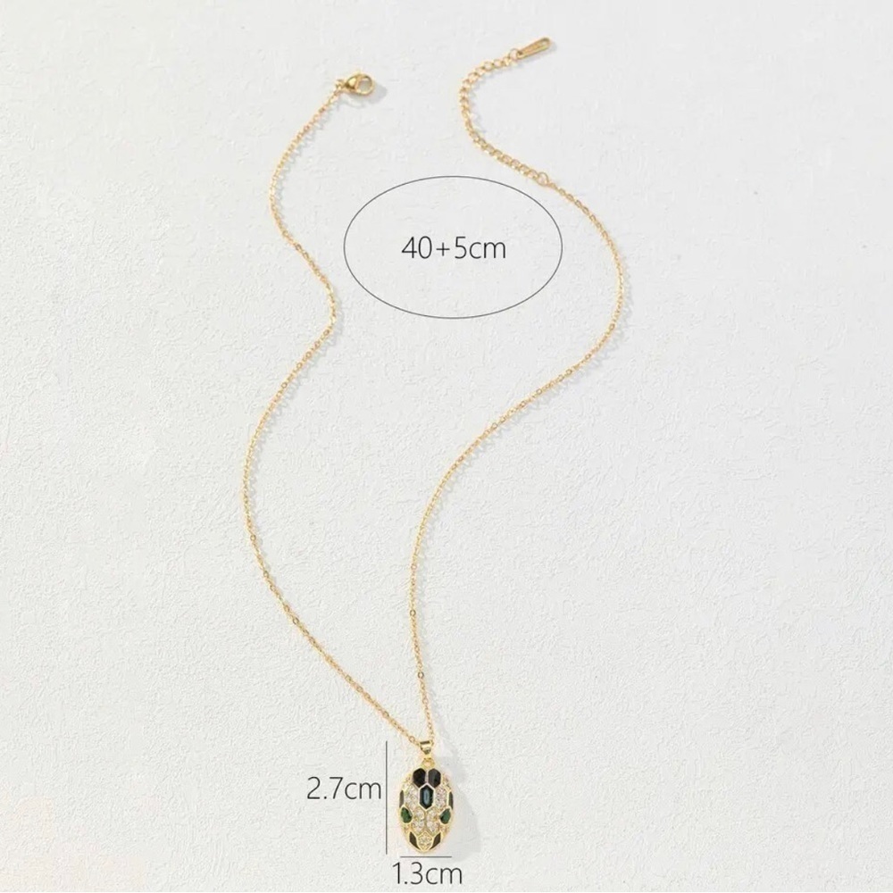 Pink Enamel 14K Gold Plated And Diamond Inlaid Snakehead Pendant Necklace - Picture 5 of 5